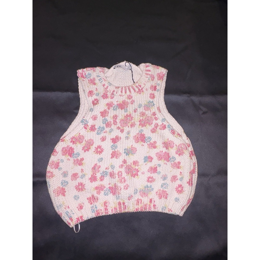 Zara Women Sweater Crop Top Pink Floral Preppy Sizd Large
